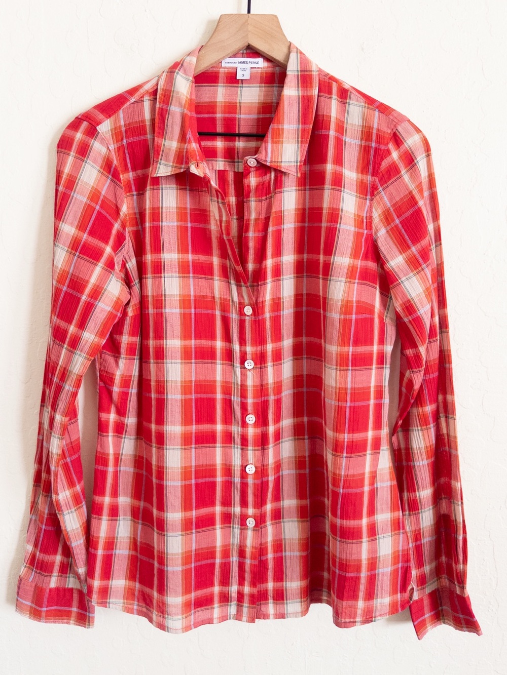 James Perse 100% Cotton Plaid Lightweight Long Sleeve Button Down Shirt 3 Large
